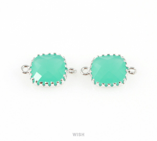 Mint Faceted Glass Connector in Rhodium, Framed Square Connector/GMTRH-007-P