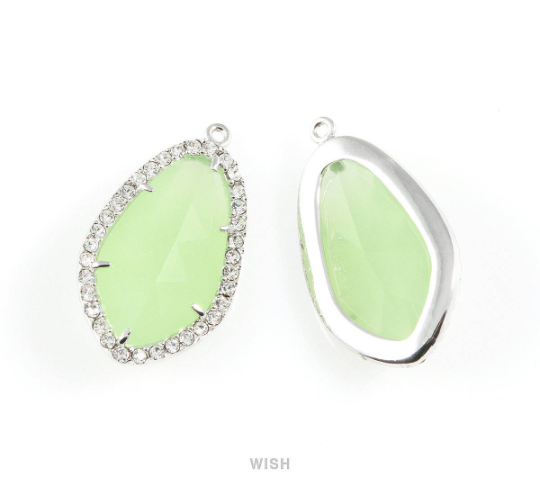 Briolette Light Mint Glass with Rheinstone in Rhodium, Framed Pendant / GLMRH-043-P
