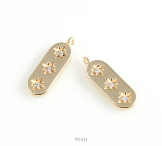 Bar Pendant with 3 Cubic Zirconia Stars in Matte Gold, CZ Star Charm / MMG-410-P