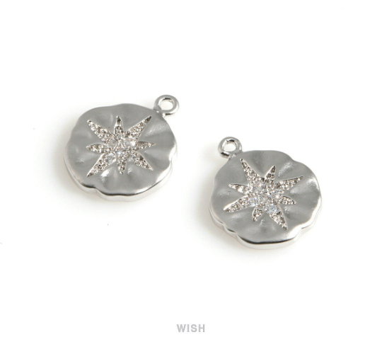 CZ North Star on Hammered Disc in Rhodium, CZ Polaris on Coin / CRH-077-P