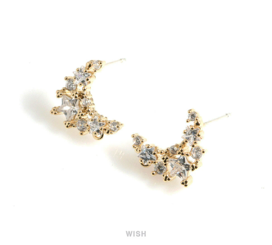 Star CZ in Crescent Stud Earrings in Gold, Celestial Stud Earrings / CG-082-E