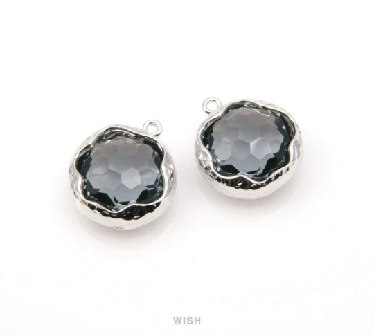 Charcoal Faceted Glass Charms in Rhodium, Framed Round Pendant /GCCRH-090-P (Small)