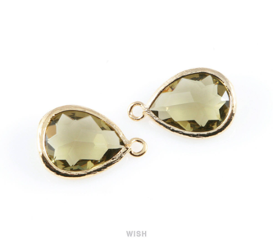 Olivine Teardrop Glass Charm in Gold, Framed Drop Glass Gem / GOVG-005-P