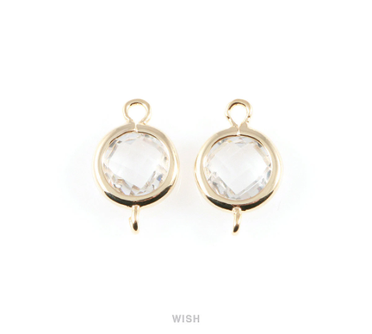 Clear Faceted Round Glass Connector in Gold, Round Framed Connector / GCLG-075-P