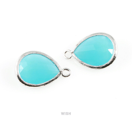 Ocean Blue Teardrop Glass Charm in Rhodium, Framed Drop Glass Gem / GOBRH-005-P