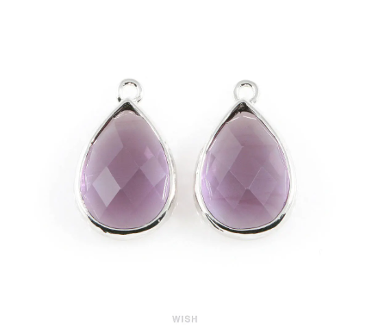 Amethyst Teardrop Glass Charm in Rhodium, Framed Drop Glass Gem / GTZRH-037-P
