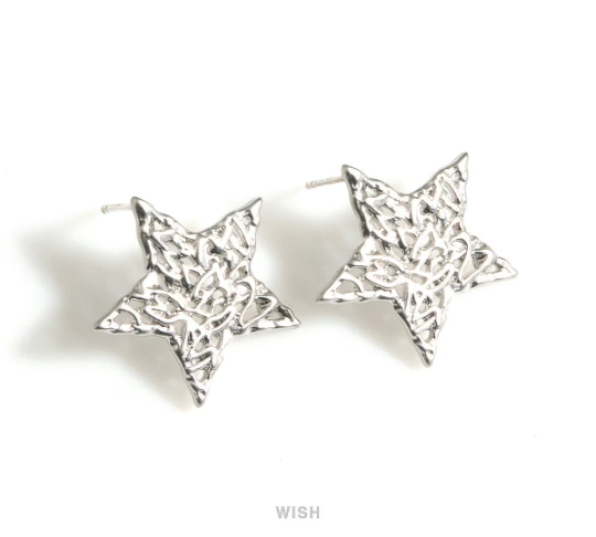 Mesh Star Stud Earrings in Matte Rhodium, Large Star Post Earrings / MMRH-703-E