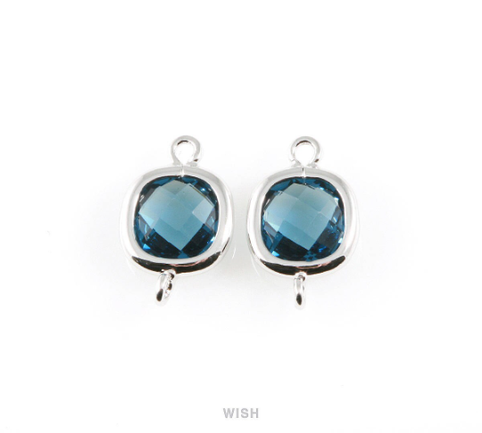 Montana Blue Faceted Glass Connector in Rhodium, Square Framed Connector / GMBRH-041-P