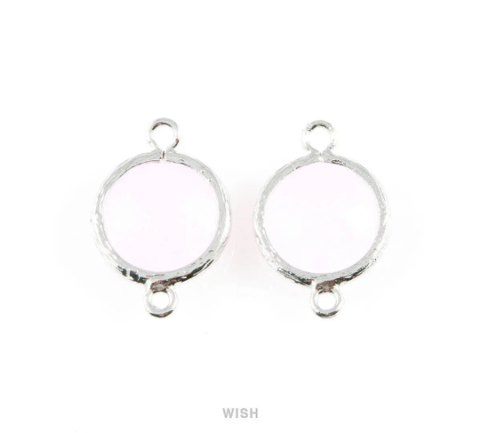 Rose Quartz faceted Glass Connector in Rhodium, Framed Round Glass Bead / GRQRH-014-P