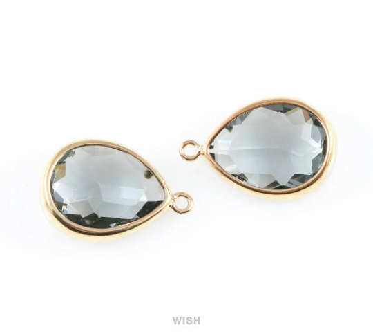 Charcoal Teardrop Glass Charm in Gold, Framed Drop Glass Gem /GCCG-016-P