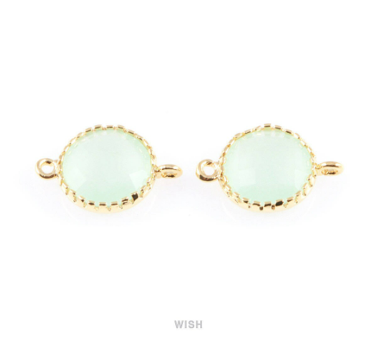 Light Mint Faceted Glass Connector in Gold, Framed Round Connector / GLMG-008-P