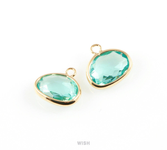 Aquamarine Oval Glass Charm in Gold, Glass Framed Pendant / GAQG-039-P