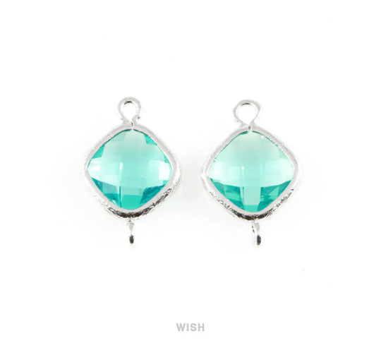 Blue Zircon Rhombus Glass Connector in Rhodium, Framed Rhombus Connector / GBZRH-021-P