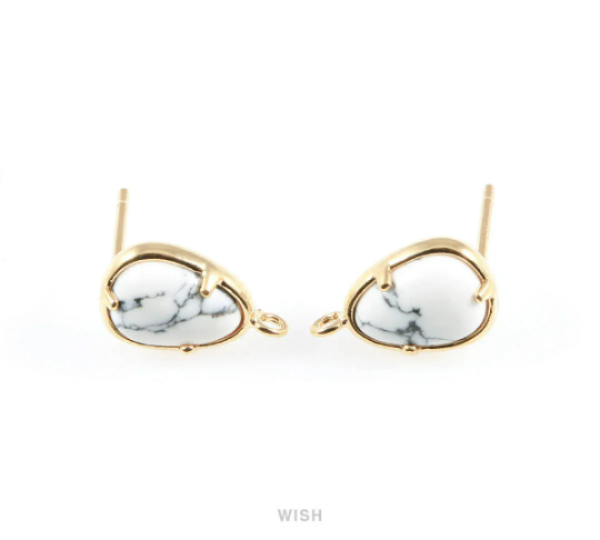 Howlite Teardrop Stone Earrings in Gold, Gemstone Framed Ear Post / SHTG-068-E