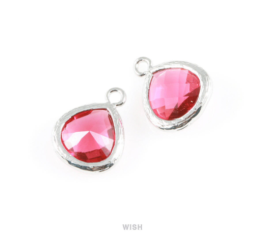 Ruby Faceted Glass Charm in Rhodium, Framed Drop Glass Bead / GRBRH-003-P (Small)