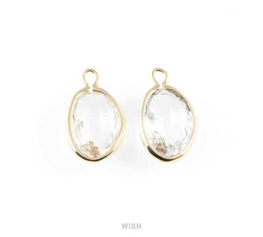 Clear Pear Glass Charm in Gold, Glass Framed Pendant / GCLG-040-P