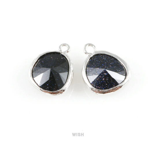 Lapis-Lazuli Faceted Glass Charm in Rhodium, Framed Drop Glass Gem / GLLRH-004-P