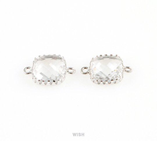 Clear Faceted Glass Connector in Rhodium, Framed Square Connector / GCLRH-007-P