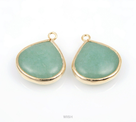 Green Aventurine Synthetic Stone Charms in Matte Gold, Framed Teardrop Pendant /SGAMG-010-P2