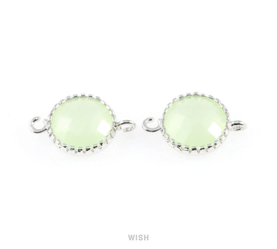 Light Mint Faceted Glass Connector in Rhodium, Framed Round Connector / GLMRH-008-P