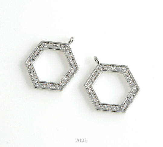 Hexagon Cubic Zirconia Pendant in Rhodium, Hexagon CZ Charm/ CRH-068-P