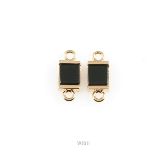 Jet Square Stone Charm in Gold, Gemstone Framed Pendant / SJTG-057-P