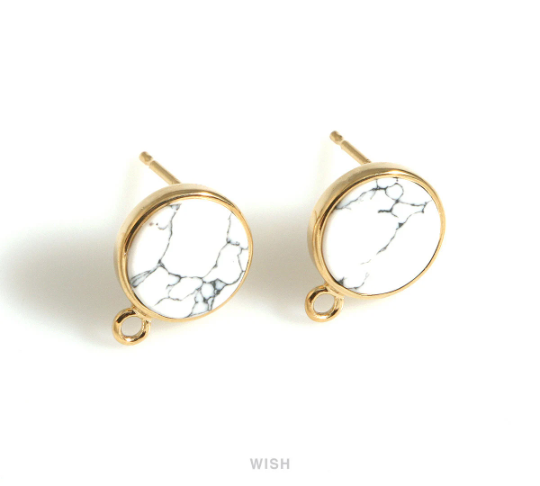 Howlite Round Stone Stud Earrings in Gold, Circle Gemstone Stud Earrings / SHTG-058-E