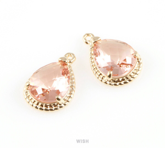 Peach Teardrop Glass Charm in Gold, Framed Drop Glass Gem / GPCG-006-P