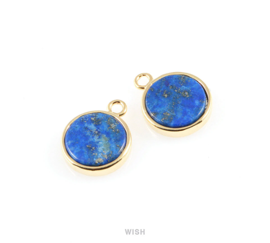 Lapis Lazuli Round Stone Charm in Gold, Gemstone Framed Pendant / SLLG-058-P
