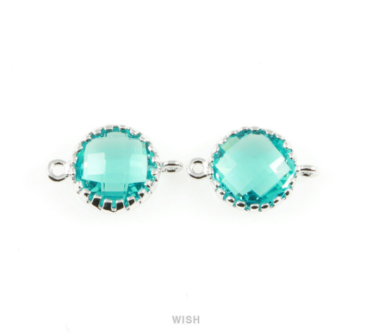 Blue Zircon Faceted Glass Connector in Rhodium, Framed Round Connector/ GBZRH-008-P