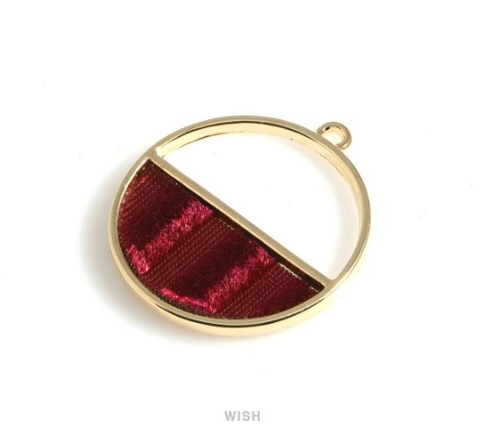 Burgundy Velvet Circle Pendant in Gold Frame, Burgundy Velvet Round Charm /MG-BG-517-P
