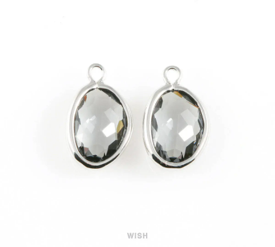 Gray Pear Glass Charm in Rhodium, Glass Framed Pendant /GGYRH-040-P