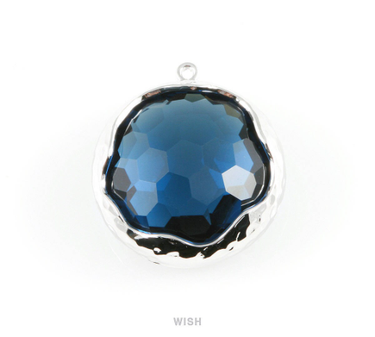 Montana Blue Faceted Glass Charms in Rhodium, Framed Round Pendant / GMBRH-011-P (1 piece)