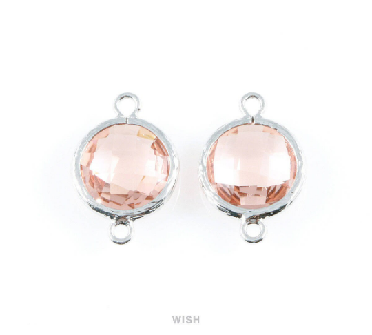 Peach faceted Glass Connector in Rhodium, Framed Round Glass Bead/ GPCRH-014-P