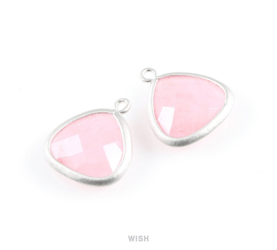 Rose Quartz Faceted Stone Charms in Matte Rhodium, Framed Triangle Pendants / SRQMRH-029-C