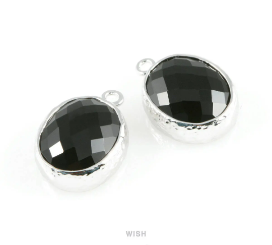 Jet Faceted Glass Charms in Rhodium, Framed Oval Pendant / GJTRH-009-P
