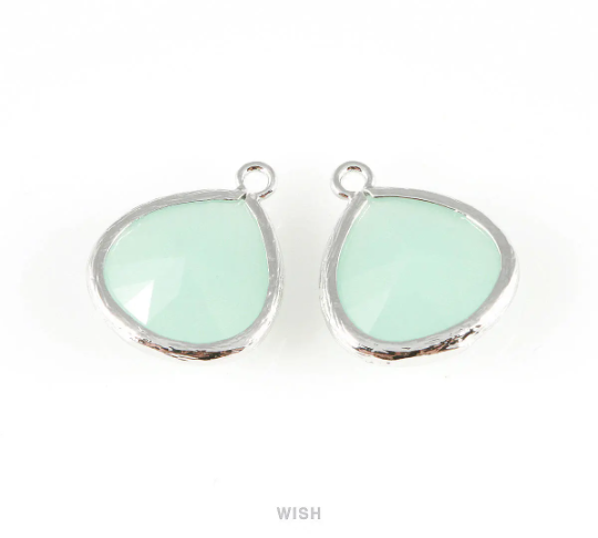 Alice Blue Faceted Glass Charm in Rhodium, Framed Drop Glass Bead / GABRH-001-P (Large)