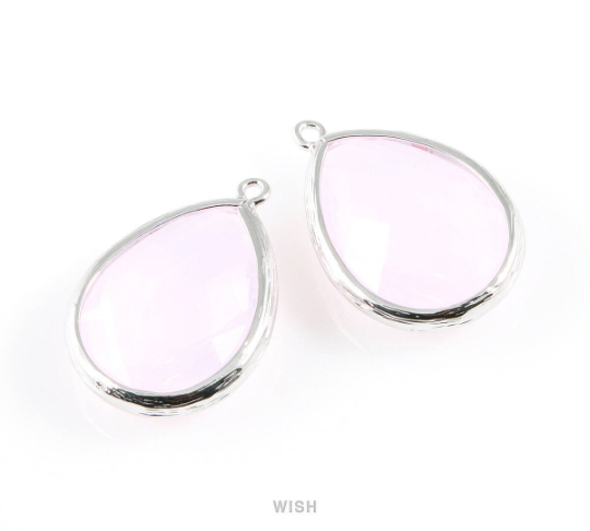 Violet Opal Teardrop Glass Charm in Rhodium, Framed Drop Glass Gem / GVORH-044-P