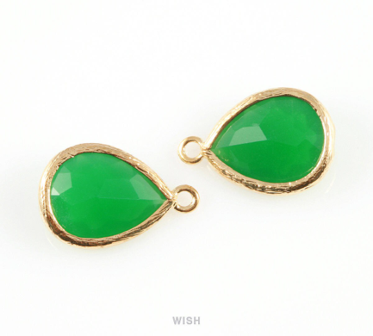 Palace Green Teardrop Glass Charm in Gold, Framed Drop Glass Gem / GPGG-005-P