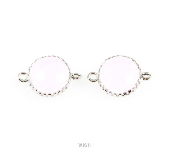Rose Quartz Faceted Glass Connector in Rhodium, Framed Round Connector/ GRQRH-008-P