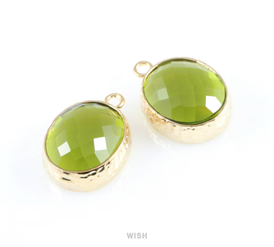 Dark Apple Faceted Glass Charms in Gold, Framed Oval Pendant / GDAG-009-P