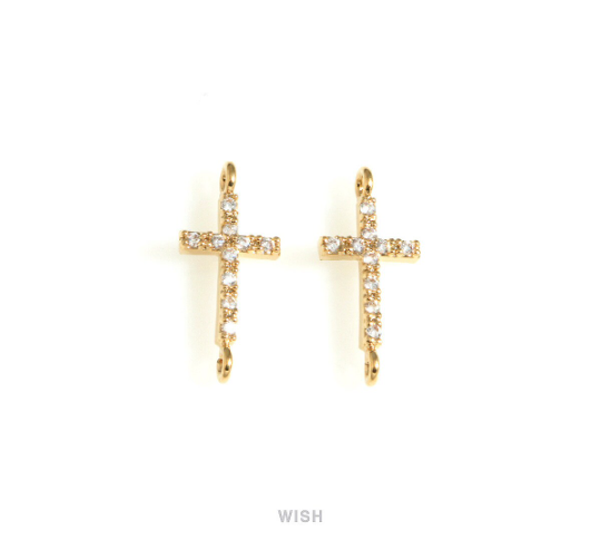 Cross Cubic Zirconia Charms in Gold, Cross Pendants with 10 Rhinestones / MG-723-P