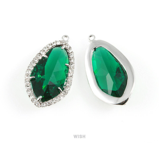 Briolette Emerald Glass with Rheinstone in Rhodium, Framed Pendant / GEMRH-043-P
