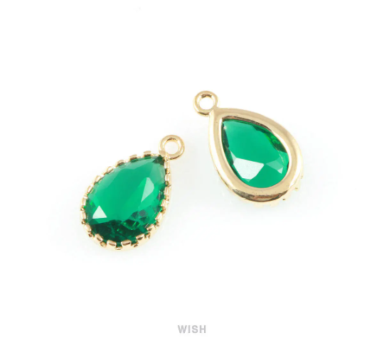 Emerald Teardrop Glass Charm in Gold, Framed Drop Glass Gem / GEMG-017-P