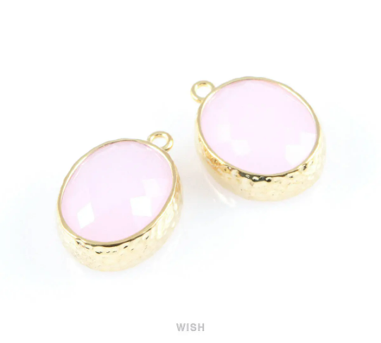 Rose Quartz Faceted Glass Charms in Gold, Framed Oval Pendant / GRQG-009-P