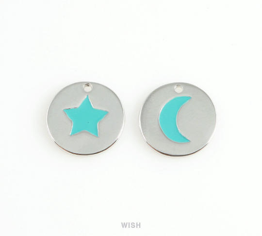 Turquoise Crescent Disc Pendants in Rhodium, Crescent Charm / MRH-407-P