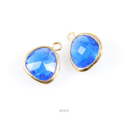 Cobalt Blue Sparkle Glass Charm in Gold, Framed Drop Glass Bead /