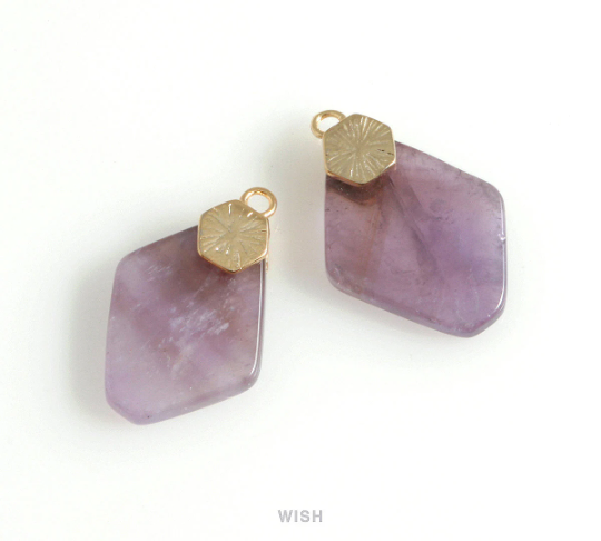 Amethyst Hexagon Gemstone Charm in Gold, Amethyst Hexagon Gemstone Pendant / STZG-108-P