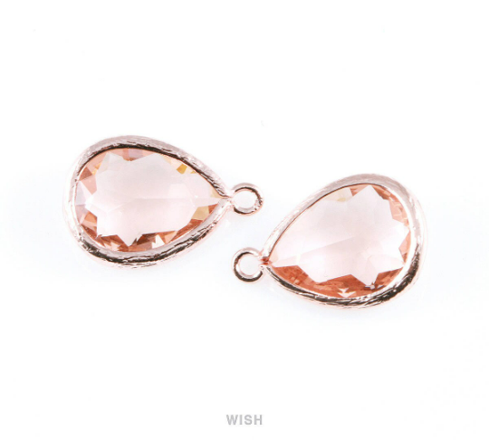 Peach Teardrop Glass Charm in Rose Gold, Framed Drop Glass Gem / GPCRG-005-P