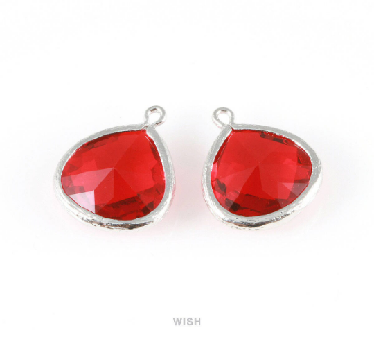 Garnet Faceted Glass Charm in Rhodium, Framed Drop Glass Bead /GGNRH-001-P (Large)
